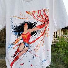 Load image into Gallery viewer, WONDER WOMAN ABSTRACT ARTSY WHITE T-SHIRT BASED ON MONA HELMY ART