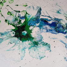 Load image into Gallery viewer, JELLY, THE SEA ANGLE ORIGINAL PAINTING Size: 40" X 30" Medium: Acrylic, GLOSS FINISH Body: 1.5" edge gallery canvas, covered back, hardware/wire installed ready to hang Year: 2022 Artist: Mona Helmy Inspiration: JELLY is a sea angel spreading joy and bubbly happy vibes Mona's Blossom Collection: Free spirited abstract Flowers.... Happy flowers, happy gardens, happy forms radiating happy feelings.