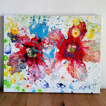 Load image into Gallery viewer, TWINS STROLLING, ORIGINAL PAINTING Size: 30" X 24" Medium: Acrylic, Gloss finish Body: 1.5" edge gallery canvas Year: 2022 Artist: Mona Helmy Inspiration: Morning Walk hand in hand Mona's Blossom Collection: Free spirited abstract Flower art.... Happy flowers, happy gardens, happy forms radiating happy feelings.