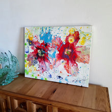 Load image into Gallery viewer, TWINS STROLLING, ORIGINAL PAINTING Size: 30" X 24" Medium: Acrylic, Gloss finish Body: 1.5" edge gallery canvas Year: 2022 Artist: Mona Helmy Inspiration: Morning Walk hand in hand Mona's Blossom Collection: Free spirited abstract Flower art.... Happy flowers, happy gardens, happy forms radiating happy feelings.