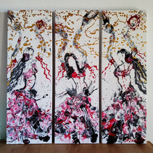 Load image into Gallery viewer, MARIPOSAS, ORIGINAL PAINTING Size: Triptych, 3 canvases each is 36" X 12" Medium: Acrylic, Gloss finish Body: 1.5" edge gallery canvas Year: 2022 Artist: Mona Helmy Inspiration: Belly Dancing Mona's Blossom Collection: Free spirited abstract Flower art.... Happy flowers, happy gardens, happy forms radiating happy feelings.