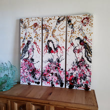 Load image into Gallery viewer, MARIPOSAS, ORIGINAL PAINTING Size: Triptych, 3 canvases each is 36" X 12" Medium: Acrylic, Gloss finish Body: 1.5" edge gallery canvas Year: 2022 Artist: Mona Helmy Inspiration: Belly Dancing Mona's Blossom Collection: Free spirited abstract Flower art.... Happy flowers, happy gardens, happy forms radiating happy feelings.