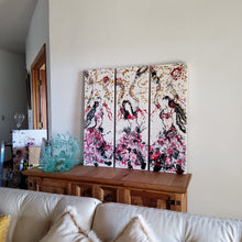 Load image into Gallery viewer, MARIPOSAS, ORIGINAL PAINTING Size: Triptych, 3 canvases each is 36" X 12" Medium: Acrylic, Gloss finish Body: 1.5" edge gallery canvas Year: 2022 Artist: Mona Helmy Inspiration: Belly Dancing Mona's Blossom Collection: Free spirited abstract Flower art.... Happy flowers, happy gardens, happy forms radiating happy feelings.