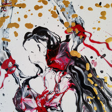 Load image into Gallery viewer, MARIPOSAS, ORIGINAL PAINTING Size: Triptych, 3 canvases each is 36" X 12" Medium: Acrylic, Gloss finish Body: 1.5" edge gallery canvas Year: 2022 Artist: Mona Helmy Inspiration: Belly Dancing Mona's Blossom Collection: Free spirited abstract Flower art.... Happy flowers, happy gardens, happy forms radiating happy feelings.