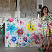 Load image into Gallery viewer, BONJOUR BONJOUR, ORIGINAL PAINTING Size: 60" X 48" Medium: Acrylic, Gloss finish Body: 1.5" edge gallery canvas Year: 2022 Artist: Mona Helmy Inspiration: morning bliss Mona's Blossom Collection: Free spirited abstract Flower art.... Happy flowers, happy gardens, happy forms radiating happy feelings.
