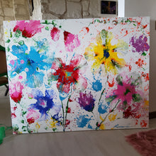 Load image into Gallery viewer, BONJOUR BONJOUR, ORIGINAL PAINTING Size: 60" X 48" Medium: Acrylic, Gloss finish Body: 1.5" edge gallery canvas Year: 2022 Artist: Mona Helmy Inspiration: morning bliss Mona's Blossom Collection: Free spirited abstract Flower art.... Happy flowers, happy gardens, happy forms radiating happy feelings.