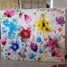 Load image into Gallery viewer, BONJOUR BONJOUR, ORIGINAL PAINTING Size: 60" X 48" Medium: Acrylic, Gloss finish Body: 1.5" edge gallery canvas Year: 2022 Artist: Mona Helmy Inspiration: morning bliss Mona's Blossom Collection: Free spirited abstract Flower art.... Happy flowers, happy gardens, happy forms radiating happy feelings.