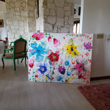 Load image into Gallery viewer, BONJOUR BONJOUR, ORIGINAL PAINTING Size: 60" X 48" Medium: Acrylic, Gloss finish Body: 1.5" edge gallery canvas Year: 2022 Artist: Mona Helmy Inspiration: morning bliss Mona's Blossom Collection: Free spirited abstract Flower art.... Happy flowers, happy gardens, happy forms radiating happy feelings.