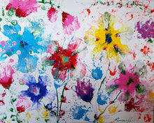 Load image into Gallery viewer, BONJOUR BONJOUR, ORIGINAL PAINTING Size: 60" X 48" Medium: Acrylic, Gloss finish Body: 1.5" edge gallery canvas Year: 2022 Artist: Mona Helmy Inspiration: morning bliss Mona's Blossom Collection: Free spirited abstract Flower art.... Happy flowers, happy gardens, happy forms radiating happy feelings.