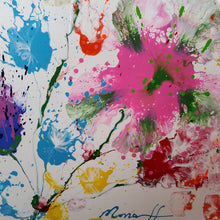 Load image into Gallery viewer, BONJOUR BONJOUR, ORIGINAL PAINTING Size: 60" X 48" Medium: Acrylic, Gloss finish Body: 1.5" edge gallery canvas Year: 2022 Artist: Mona Helmy Inspiration: morning bliss Mona's Blossom Collection: Free spirited abstract Flower art.... Happy flowers, happy gardens, happy forms radiating happy feelings.