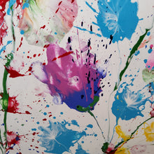 Load image into Gallery viewer, BONJOUR BONJOUR, ORIGINAL PAINTING Size: 60" X 48" Medium: Acrylic, Gloss finish Body: 1.5" edge gallery canvas Year: 2022 Artist: Mona Helmy Inspiration: morning bliss Mona's Blossom Collection: Free spirited abstract Flower art.... Happy flowers, happy gardens, happy forms radiating happy feelings.