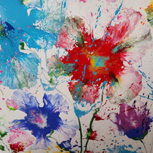 Load image into Gallery viewer, BONJOUR BONJOUR, ORIGINAL PAINTING Size: 60" X 48" Medium: Acrylic, Gloss finish Body: 1.5" edge gallery canvas Year: 2022 Artist: Mona Helmy Inspiration: morning bliss Mona's Blossom Collection: Free spirited abstract Flower art.... Happy flowers, happy gardens, happy forms radiating happy feelings.