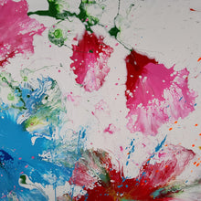 Load image into Gallery viewer, BONJOUR BONJOUR, ORIGINAL PAINTING Size: 60" X 48" Medium: Acrylic, Gloss finish Body: 1.5" edge gallery canvas Year: 2022 Artist: Mona Helmy Inspiration: morning bliss Mona's Blossom Collection: Free spirited abstract Flower art.... Happy flowers, happy gardens, happy forms radiating happy feelings.