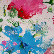Load image into Gallery viewer, BONJOUR BONJOUR, ORIGINAL PAINTING Size: 60" X 48" Medium: Acrylic, Gloss finish Body: 1.5" edge gallery canvas Year: 2022 Artist: Mona Helmy Inspiration: morning bliss Mona's Blossom Collection: Free spirited abstract Flower art.... Happy flowers, happy gardens, happy forms radiating happy feelings.