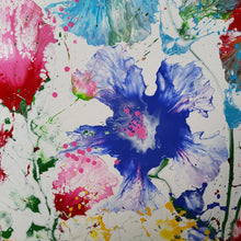 Load image into Gallery viewer, BONJOUR BONJOUR, ORIGINAL PAINTING Size: 60" X 48" Medium: Acrylic, Gloss finish Body: 1.5" edge gallery canvas Year: 2022 Artist: Mona Helmy Inspiration: morning bliss Mona's Blossom Collection: Free spirited abstract Flower art.... Happy flowers, happy gardens, happy forms radiating happy feelings.