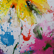 Load image into Gallery viewer, BONJOUR BONJOUR, ORIGINAL PAINTING Size: 60" X 48" Medium: Acrylic, Gloss finish Body: 1.5" edge gallery canvas Year: 2022 Artist: Mona Helmy Inspiration: morning bliss Mona's Blossom Collection: Free spirited abstract Flower art.... Happy flowers, happy gardens, happy forms radiating happy feelings.