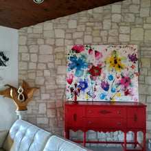 Load image into Gallery viewer, BONJOUR BONJOUR, ORIGINAL PAINTING Size: 60" X 48" Medium: Acrylic, Gloss finish Body: 1.5" edge gallery canvas Year: 2022 Artist: Mona Helmy Inspiration: morning bliss Mona's Blossom Collection: Free spirited abstract Flower art.... Happy flowers, happy gardens, happy forms radiating happy feelings.