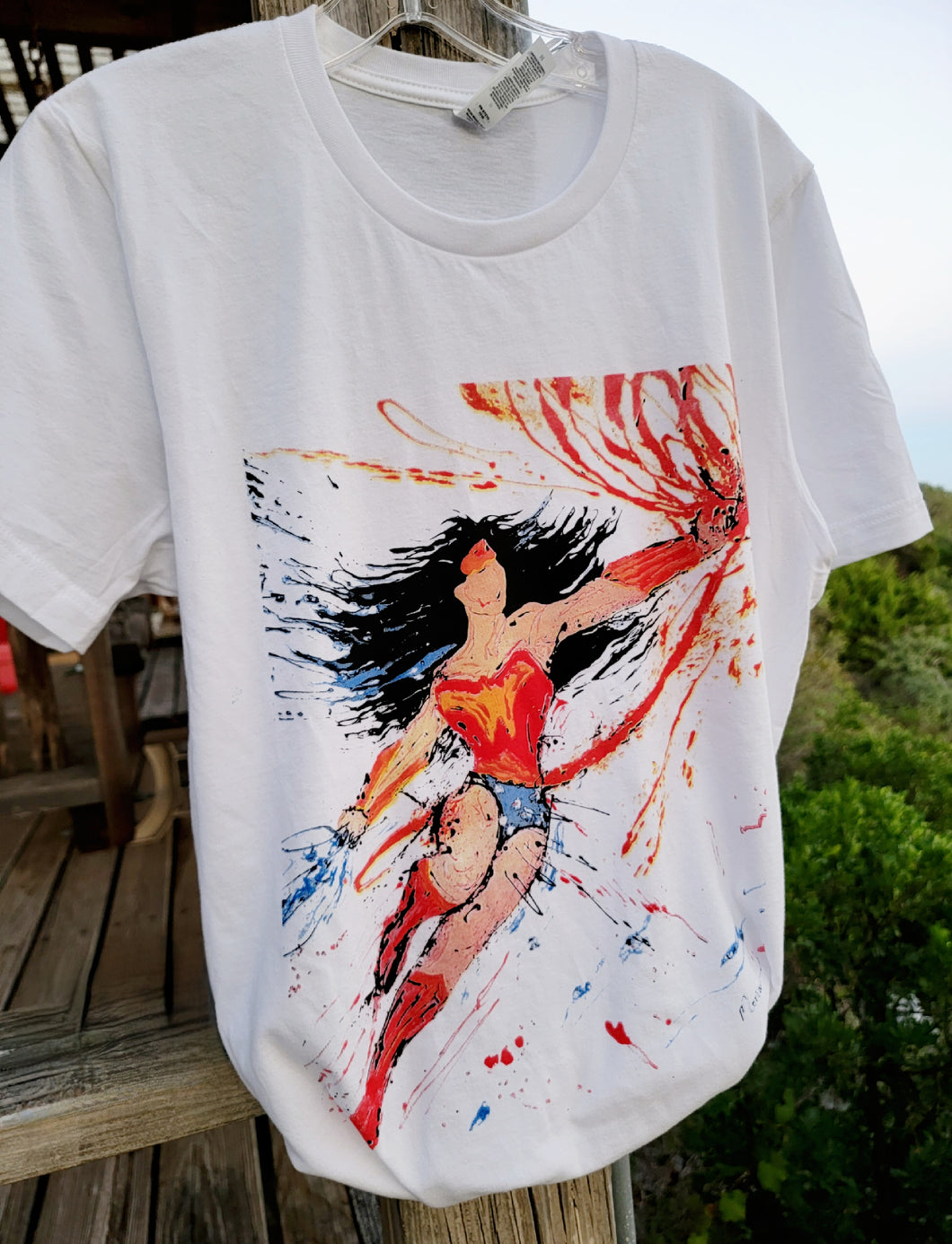 WONDER WOMAN ABSTRACT ARTSY WHITE T-SHIRT BASED ON MONA HELMY ART PAINTING