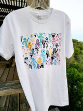 Load image into Gallery viewer, ABSTRACT ARTSY WHITE T-SHIRT BASED ON ORGIONAL PAINTING, PEEPS, BY MONA HELMY ART
