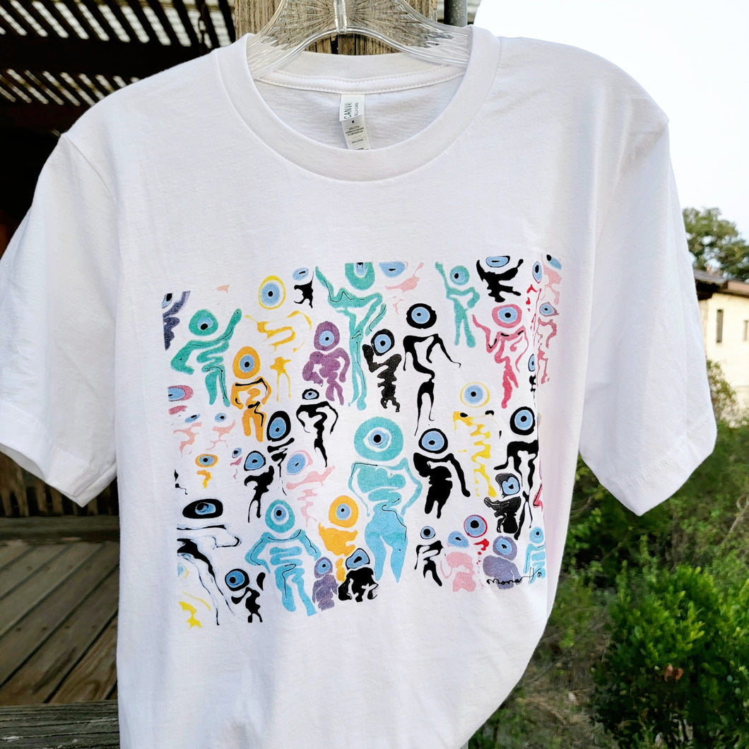 ABSTRACT ARTSY WHITE T-SHIRT BASED ON ORGIONAL PAINTING, PEEPS, BY MONA HELMY ART