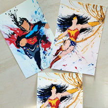 Load image into Gallery viewer, WONDER WOMAN SUPER MAN TWO SIDES 6X9 PRINTED CARD, BASED ON MONA HELMY ART PAINTING
