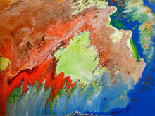 Load image into Gallery viewer, Colorful abstract painting of a landscape with red, green, and blue hues inspired by Missoni and signed by artist Mona Helmy

