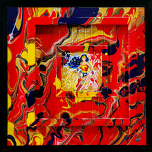 Load image into Gallery viewer, Colorful abstract painting of Wonder Woman with a central figure on a red fluid art background signed by artist Mona Helmy
