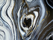 Load image into Gallery viewer, Artistic depiction of a heart within swirling black, white, and gold patterns... abstract painting by San Antonio artist Mona Tawil Helmy

