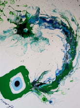 Load image into Gallery viewer, JELLY, THE SEA ANGLE ORIGINAL PAINTING  Size: 40&quot; X 30&quot;  Medium: Acrylic, GLOSS FINISH  Body: 1.5&quot; edge gallery canvas, covered back, hardware/wire installed ready to hang  Year: 2022  Artist: Mona Helmy  Inspiration: JELLY is a sea angel spreading joy and bubbly happy vibes  Mona&#39;s Blossom Collection:  Free spirited abstract Flowers.... Happy flowers, happy gardens, happy forms radiating happy feelings.

